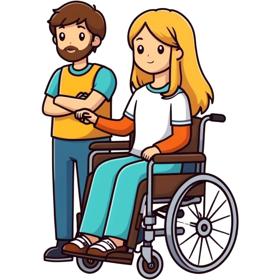 Single Brown haired Boy in wheelchair with a beard with single long blonde haired mom  emoji