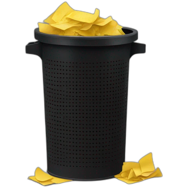 black mesh metal dustbin filled with yellow crumbled papers emoji