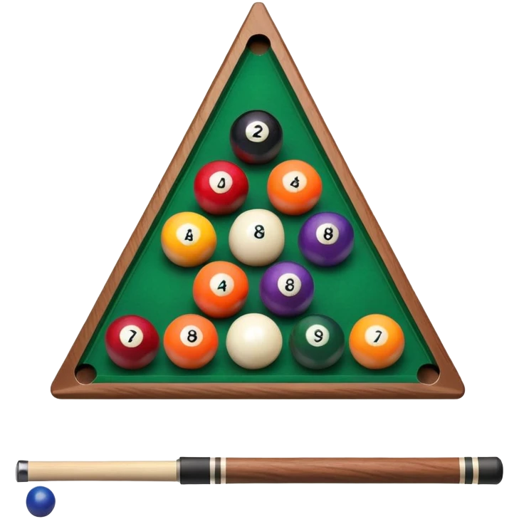 A close-up of a billiard table with a cue stick lined up to strike a colorful set of balls. The focus is on the precision of the shot, with the table’s green surface and the triangular arrangement of balls, creating a dynamic scene of strategy and concentration in the game of billiards. emoji