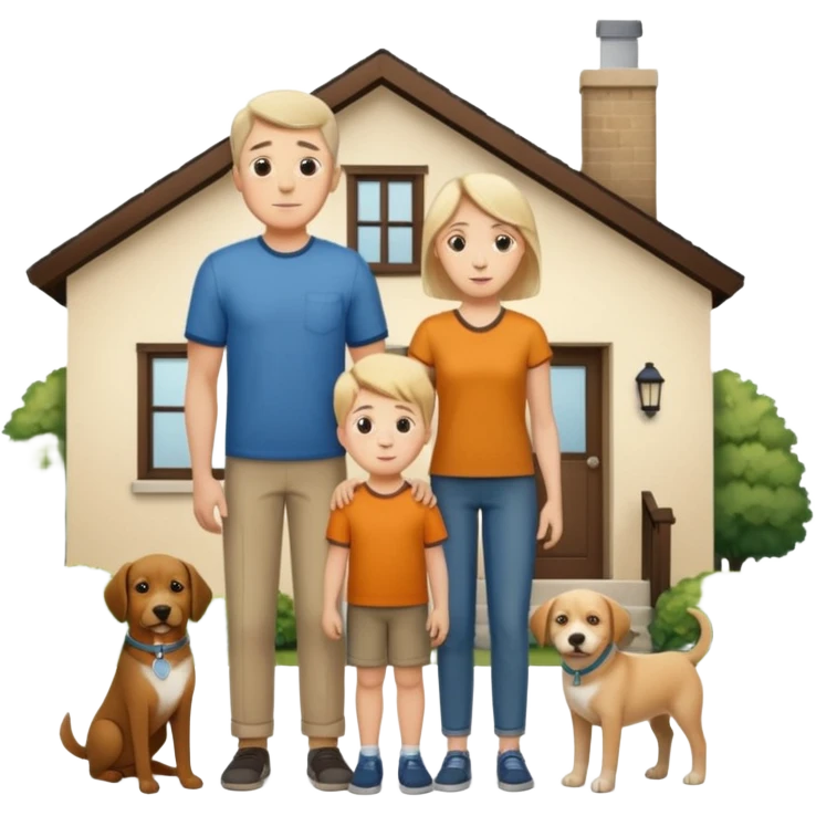 1 Father 1 Mother and 1 young boy who is half as tall as the parents, standing in front of their house with a dog next to them emoji