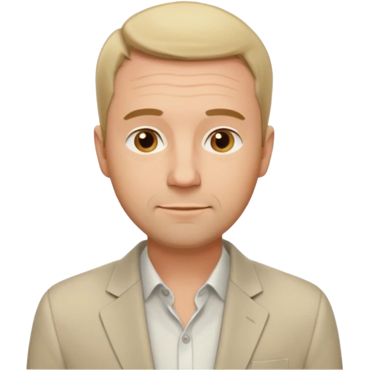 Мужчина средних лет с аккуратной короткой стрижкой и лёгкой щетиной, спокойное доброжелательное выражение лица, одет в лаконичный светлый пиджак и однотонную футболку.The benefactor emoji