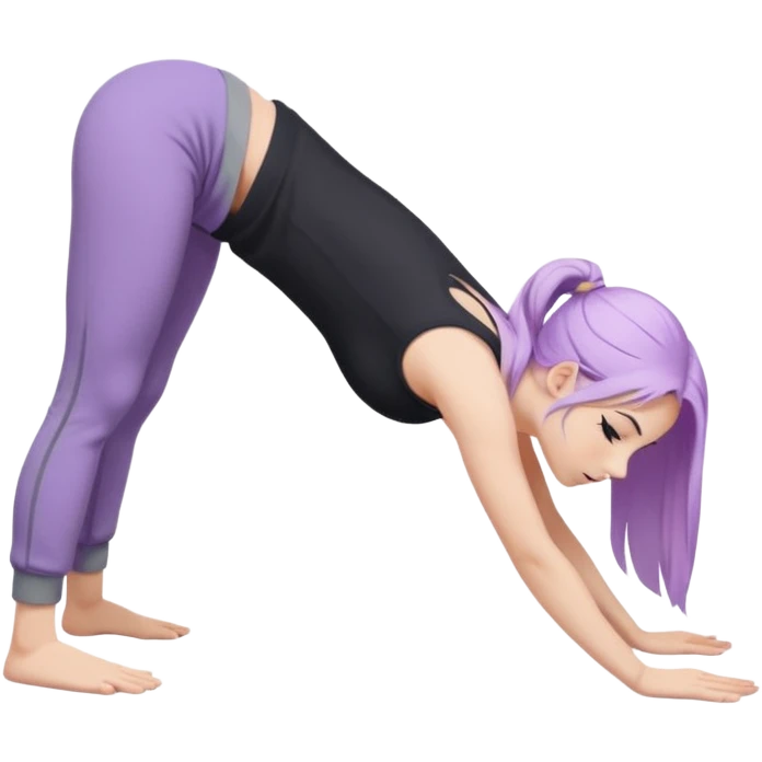 Девушка белокожая в позе собака мордой вниз, с длинными светло-лиловыми волосами, в черном топе, в серых спортивных штанах, с черными ресницами emoji