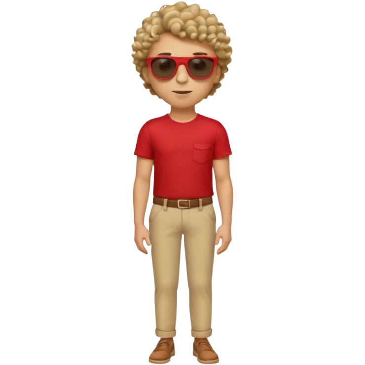 Emoji-style man in a red untucked shirt with rolled sleeves, beige trousers, and sunglasses. Short curly box-cut hair, long triangular face. Looking sideways, removing sunglasses with one hand, the other on his waist. emoji