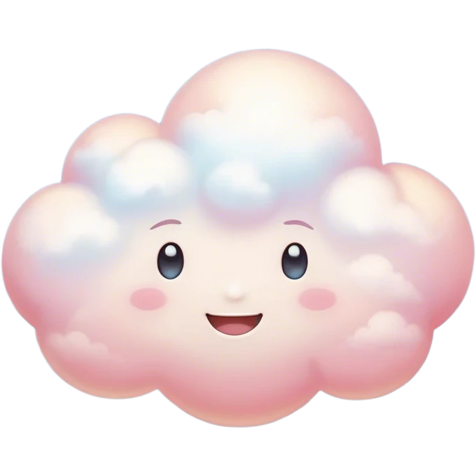 Cinematic round pastel cloud, soft puffy texture, gentle glowing edges, tiny happy face with blushing cheeks, floating in a dreamy sky, warm and magical. emoji