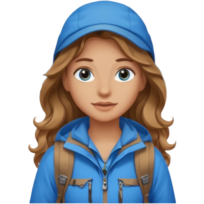 Girl with light brown wavy long hair and blue eyes who likes to hike emoji