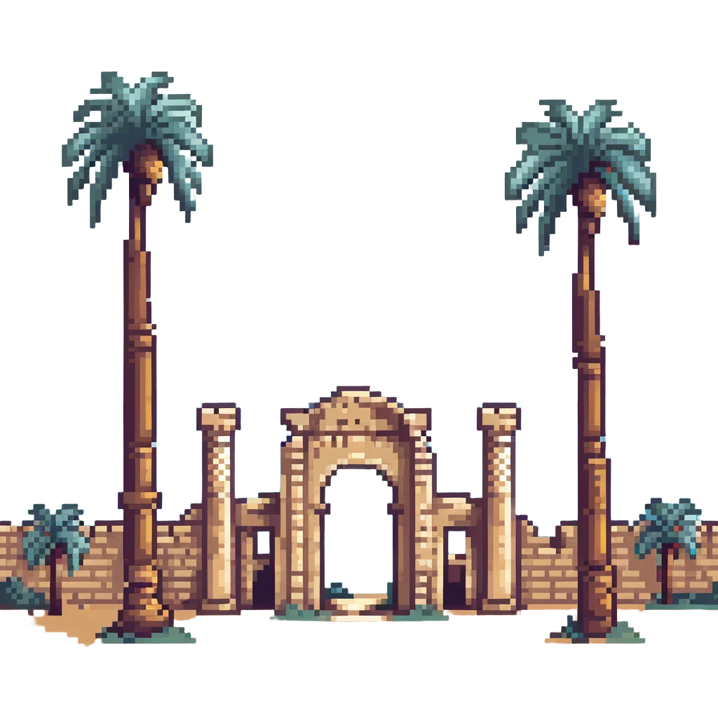 pixel art of the ancient ruins of Carthage with palm trees emoji