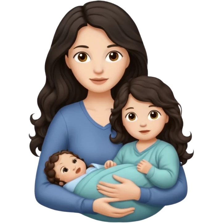 Mother long black wavy  hair  holding 1 infant brown hair fair skin emoji