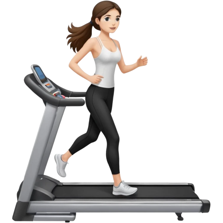 белокожая девушка на беговой дорожке, с правильной анатомией, брюнетка с длинными волосами, в белом топе на тонких лямках и в черных лосинах emoji
