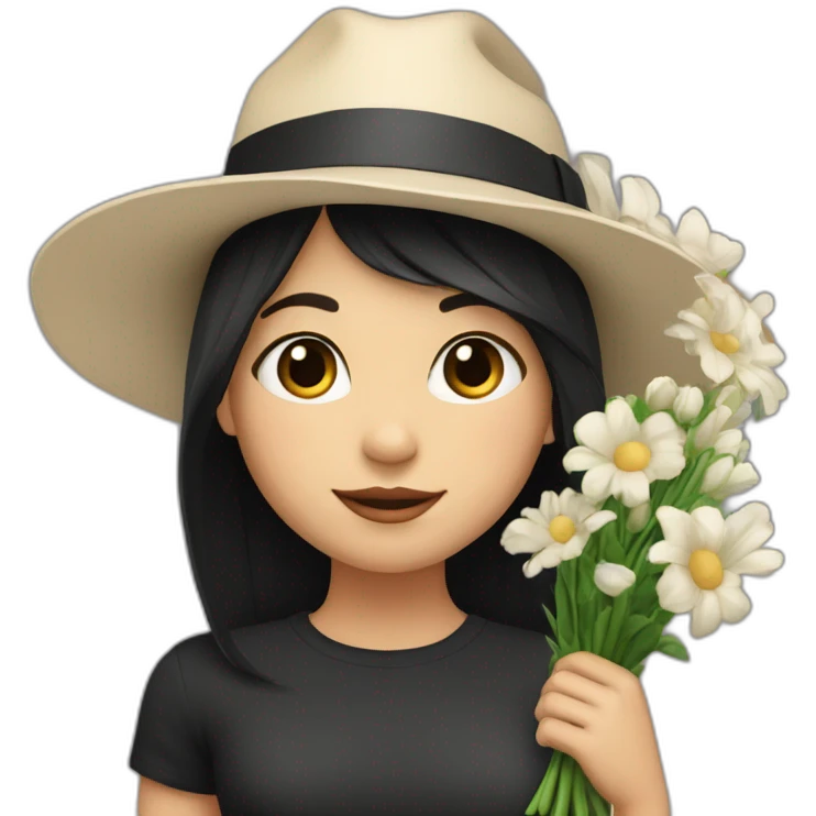 white skin, Girl with a hat, black hair straight to the shoulders, holding a bouquet of flowers emoji
