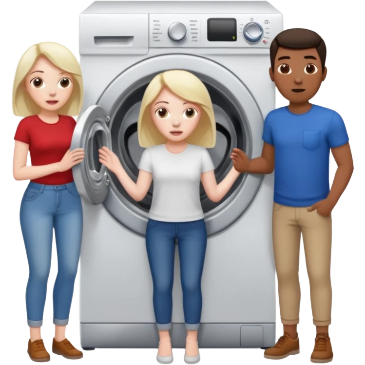 Eine Frau mit dem in der Waschmaschine feststeckt und zwei Männer die hinten an ihr ziehen um ihr zu helfen  emoji