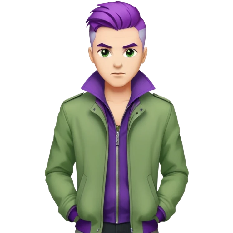Confident man with purple hair and stylish green jacket, powerful stance like Thanos, modern fashion emoji