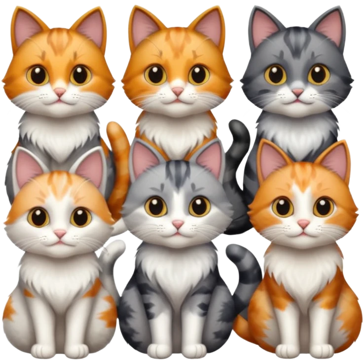 6 realistic looking cats with different natural coloured coats, assorted grey and white, greys, calico colours etc
 emoji