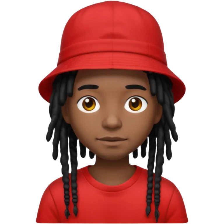 dark brown skin, black hair dreadlocks, wear red t-shirt, black bucket hat emoji