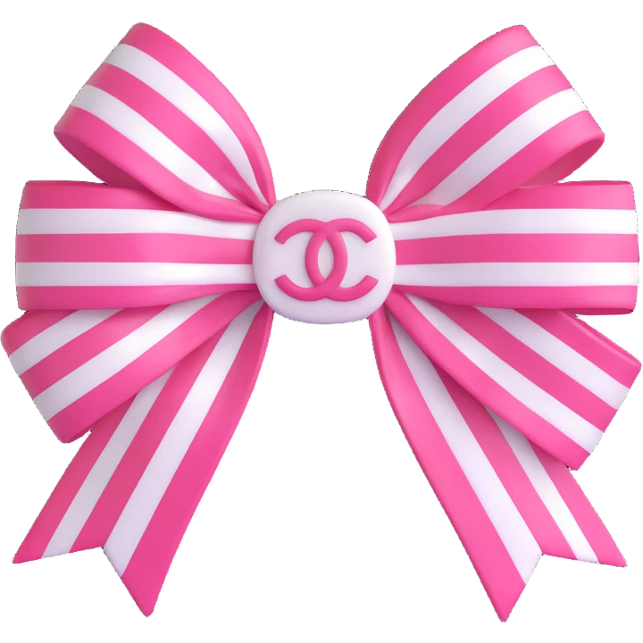 Change the bow to striped pink and white, keep the small white Chanel logo, glossy, elegant, 3D emoji style, with no background emoji