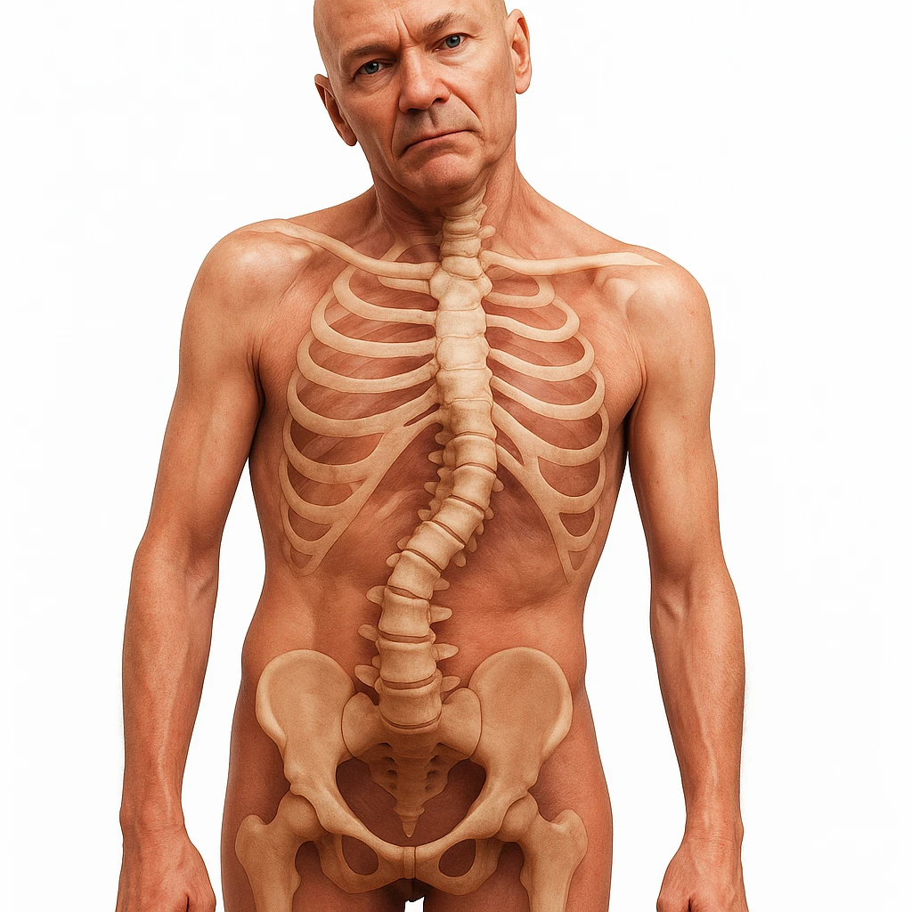 Create a hyperrealistic 3D medical illustration of a human body viewed from the front with one shoulder higher than the other, showing a crooked posture and evident scoliosis. The spine should be realistic, clearly visible, and visibly crooked. Emphasize the back pain and spinal deformity. Use the head and body position as in the reference image. emoji