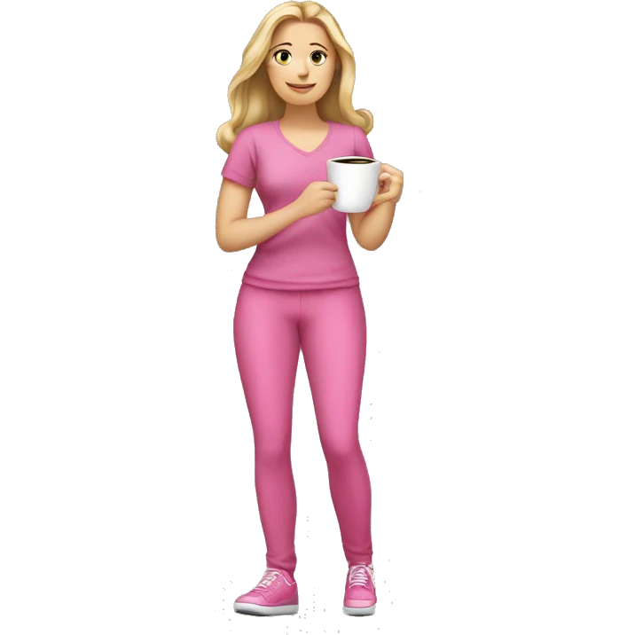 full-length white girl in pink outfit with coffee in hands emoji