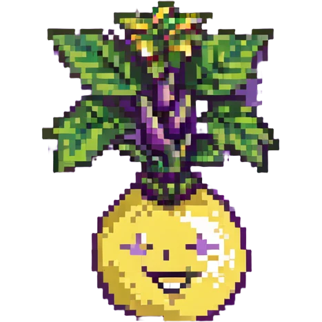 laughing radish, purple and yellow, simple and clean emoji
