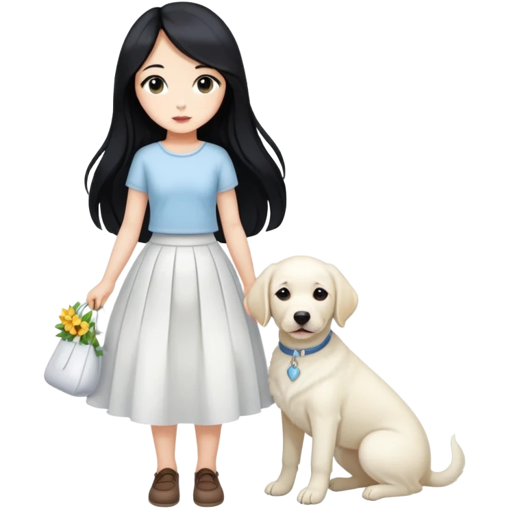 A girl with long black hair, a beautiful white skirt and fair skin is holding a white Labrador emoji