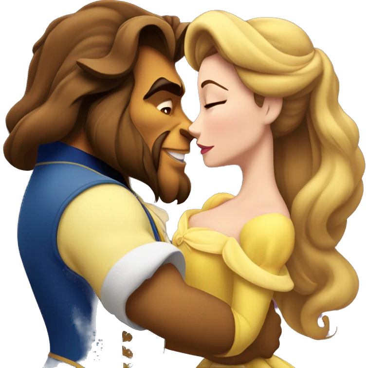 Belle from beauty and the beast kissing the beast and the beast emoji