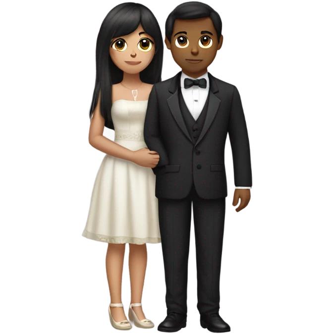 Dark brown haired girl with olive skin with straight across bangs and long hair holding a tuxedo cat emoji