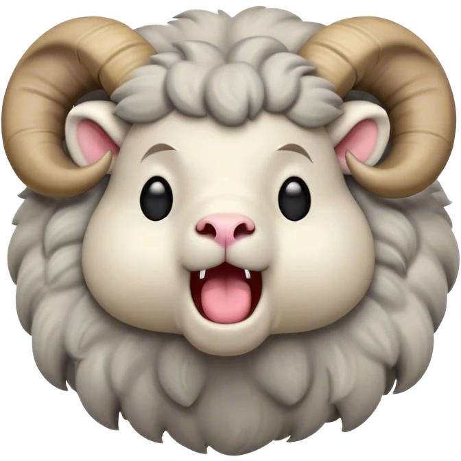 Cinematic Cute Yawning Ram Portrait Emoji, Head tilted slightly with a dramatic, wide-open yawn, showcasing a soft, woolly grey fur with gently drooping horns and ears, round dark eyes barely open in drowsy contentment, Simplified yet irresistibly adorable features, highly detailed, glowing with a soft, cozy glow, high shine, relaxed yet expressive, stylized with a touch of rugged whimsy, bright and endearing, soft glowing outline, capturing the essence of a sleepy yet affectionate ram, so drowsy it feels like it could stretch out of the screen and curl up for a nap! emoji