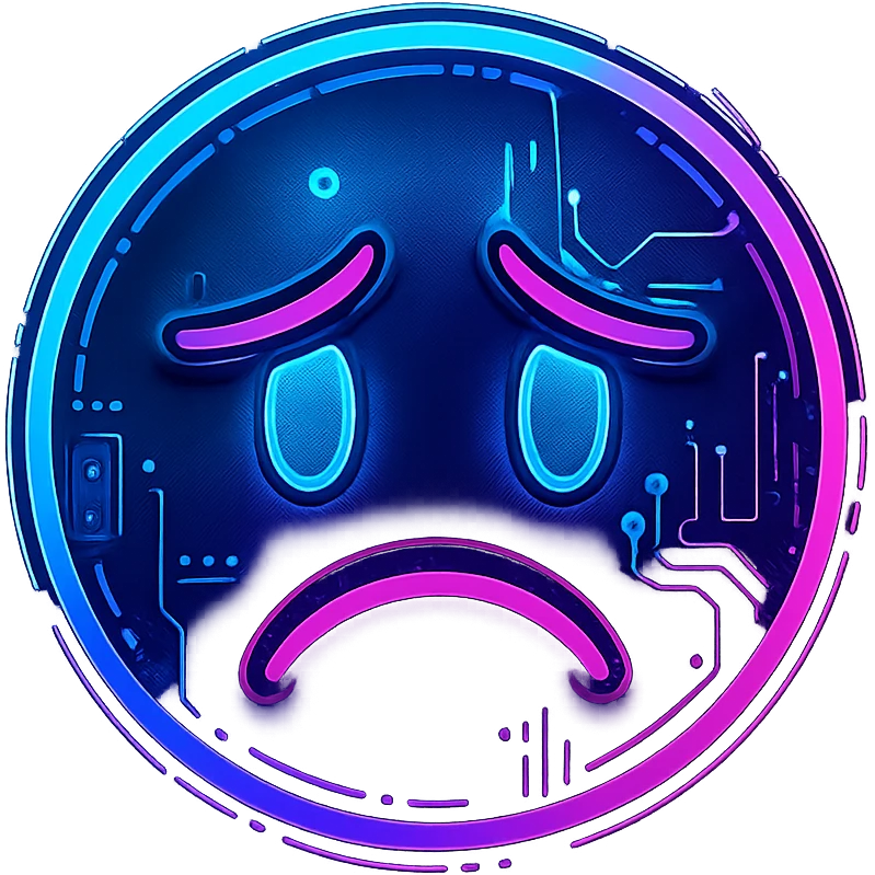 cyberpunk style emoji face with a sad expression, neon colors, futuristic details emoji