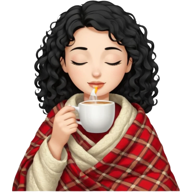 Gözleri kapalı, beyaz tenli ve dalgalı-kıvırcık siyah saçlı saç boyu orta omuzlarının biraz aşağısında bir kadın avatar, battaniyeye sarılmış halde beyaz bir Türk kahvesi fincanından içeceğini huzurla yudumluyor. emoji