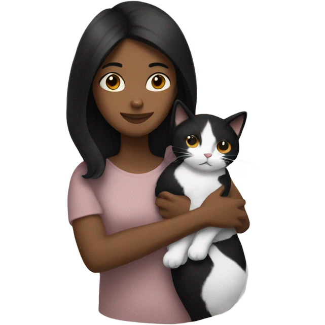  brown woman with black hair hugging a black and white cat  emoji