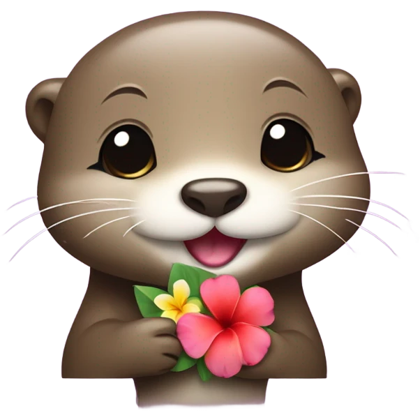 A happy and cute otter face with a Hawaiian flower tucked behind its ear, holding a heart. emoji