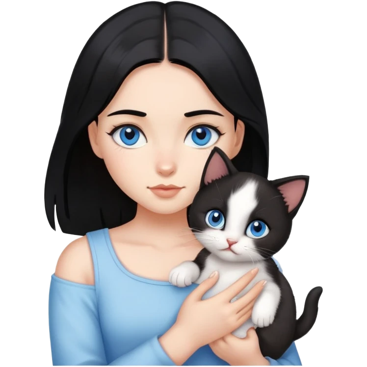 A A girl with black hair and blue eyes is holding a kitten emoji