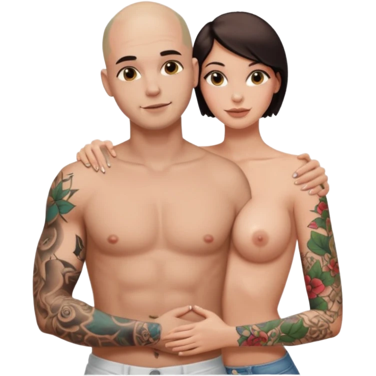 throuple tattooed sleeves bbald male with topless naked big boobed brunette and topless naked big boobed blonde girlfriends  lovingl  and sexy polygamy  emoji