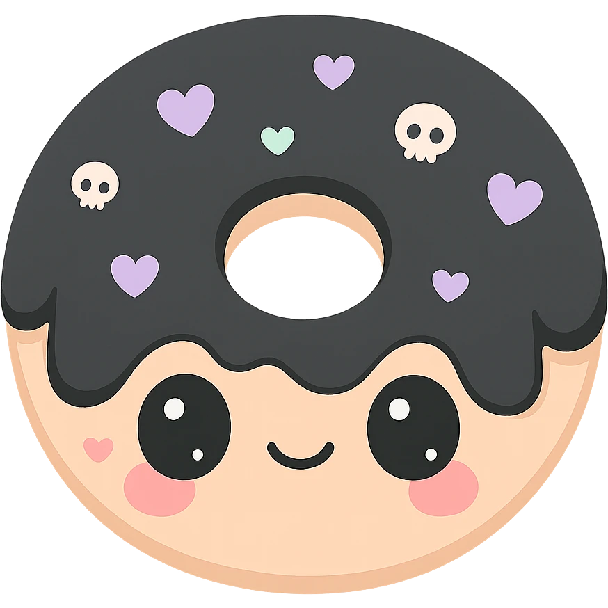 kawaii style gothic donut, cute face, black icing, purple heart decorations, tiny skull motif, cheerful and spooky emoji