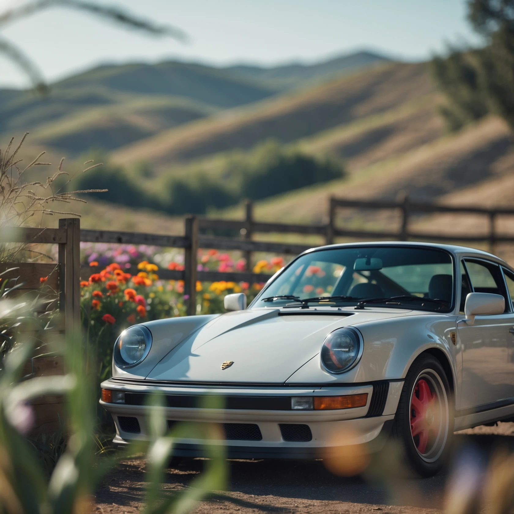 A portrait of a white person next to porsche 911 in the foreground, blurred plants in the foreground, a wooden fence and colorfull flowers in the midground, rolling hills in the background, cinematic depth of field, layered composition, natural lighting emoji