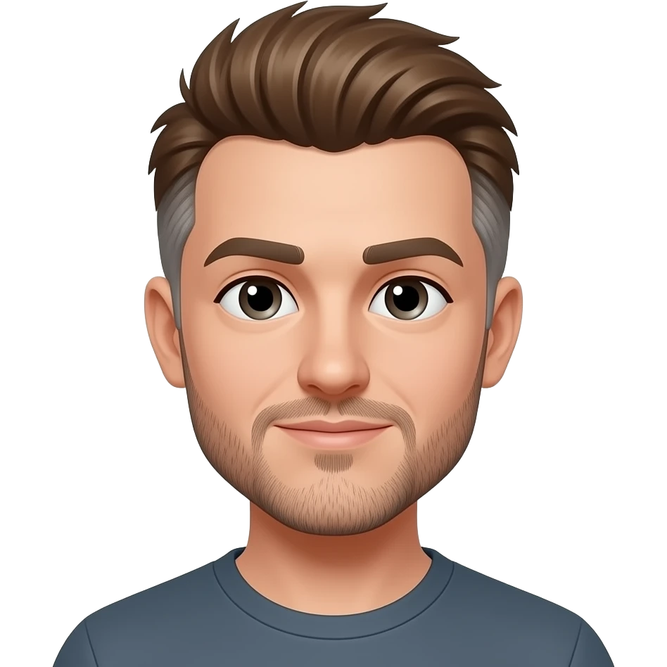 Mullet with flare, some grays with mostly hazel hair, 5 o’clock shade beard emoji