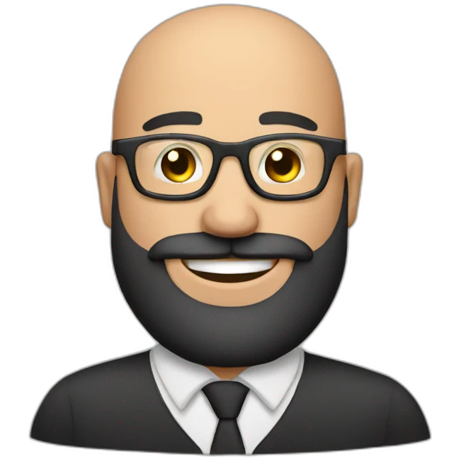 Bald man smiling with glasses and big brown beard with emoji