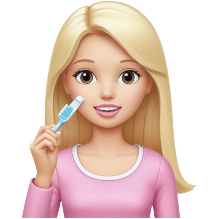 A white Barbie girl with long blonde straight hair in pale pink clothes brushes her teeth emoji