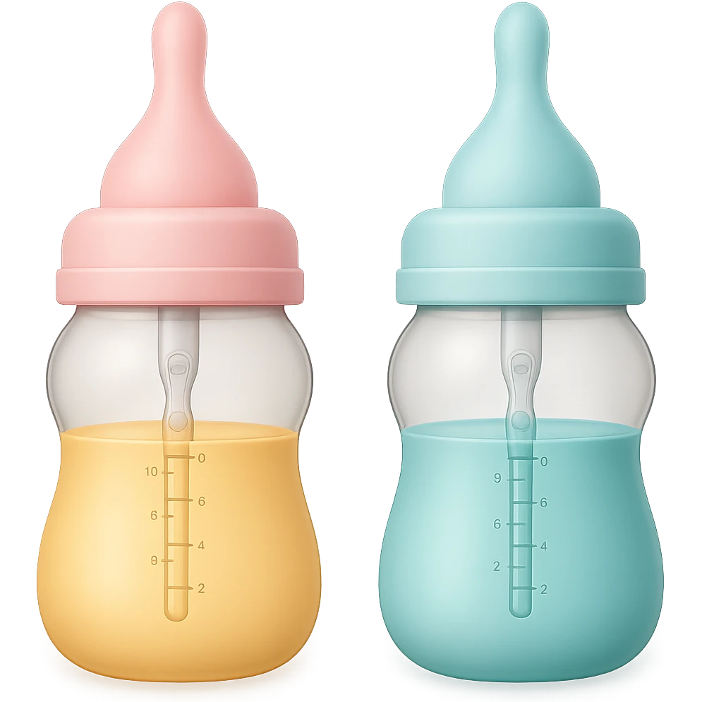 Adjust the shape of the two silicone baby bottle nipples to be more pointed and slim, keeping the wide base and soft, smooth, translucent look, with gentle curves, light pastel tones, and transparent background. emoji
