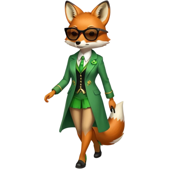 serious anthropomorphised female fox in stylish St. Patrick's Day outfit with sunglasses, walking with confidence, full-body view emoji