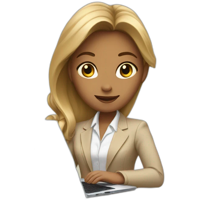 A girl in a beige business suit sits at a laptop emoji