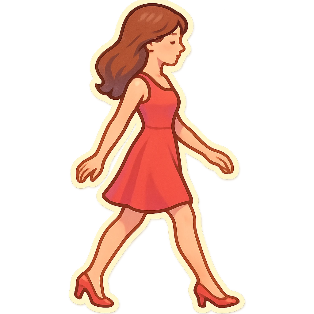 A girl walking from left to right, side view, wearing a red dress and high heels, retro-stickers style, thin clean contours, soft rounded shapes, detailed drawing with shadows and highlights, pastel palette #98B5BC, #B5B3C1, #C9A3C9, #E4C0CA, #F7DCD1, #F7C0AA, modern Japanese pop art, soft lighting, transparent background, no extra decoration, focus on movement and elegance. emoji