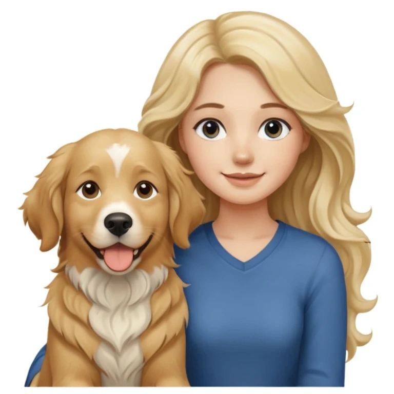 20-year-old woman with very long, wavy, blonder dirty blonde hair with brown highlights and dark blue eyes, sitting beside an English cream golden retriever, sunset background, relaxed and happy mood emoji