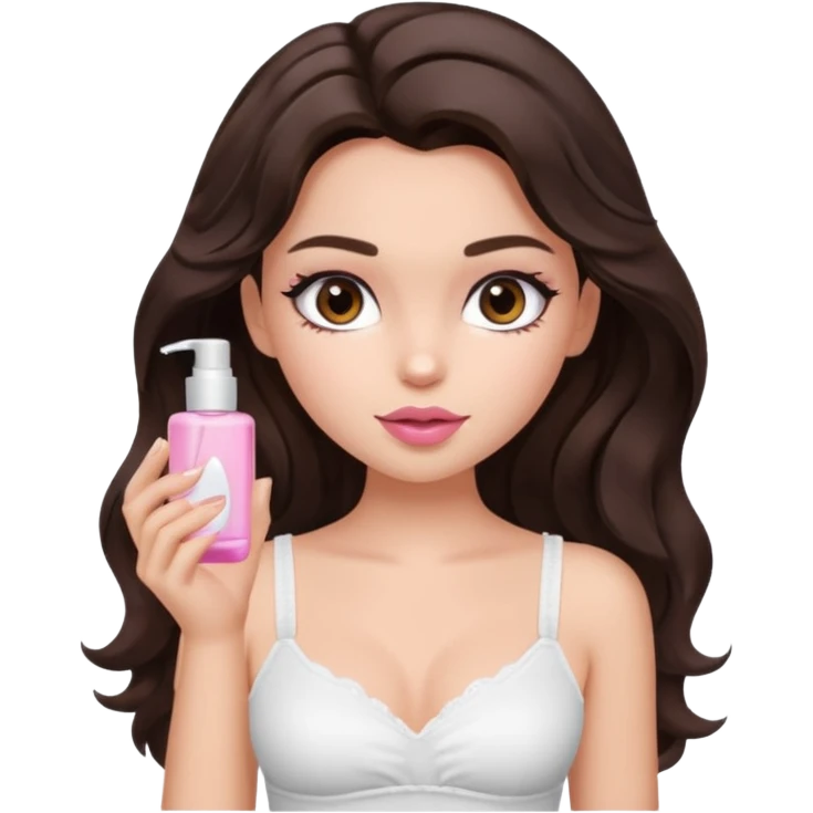 generate a pretty fair bratz girl with dark brown eyes. Dark brown hair wavy hair. light pink lipgloss. white cami top. doing skincare.  emoji