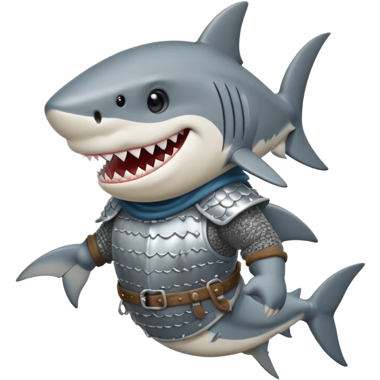 Anthropomorphic shark wearing a gambeson and chainmail coif with messy black hair smiling emoji