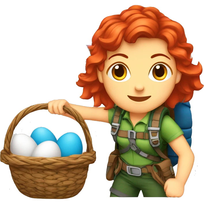Female mountaineer red hair climbing with Easter eggsbasket and Greek flag emoji