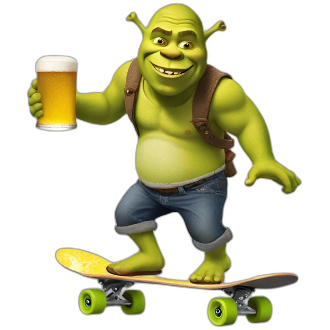 shrek skateboarding with a beer emoji