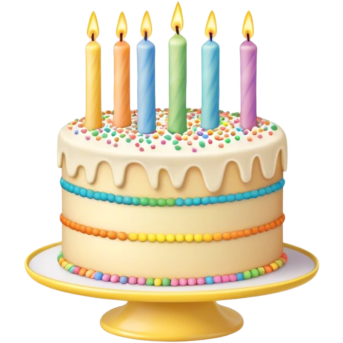  beige and white vanilla birthday cake with candles and rainbow sprinkles, on a yellow cake stand emoji