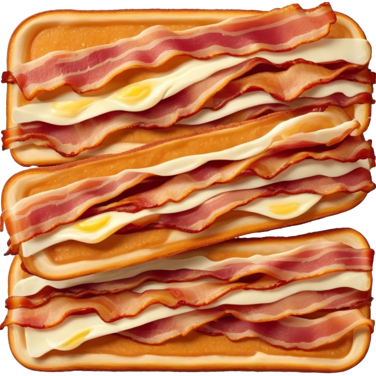 Cinematic crispy sizzling bacon, slightly curled, golden-brown with a perfect crunch, glistening with rich flavor, deep warm tones, served on a breakfast plate, comforting and indulgent. emoji
