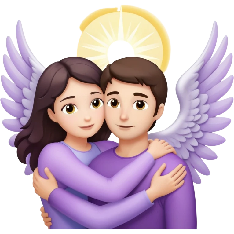 a pastel purple angel woman hugs White brunette man human rays of light emoji