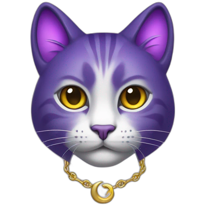 Purple cat with golden crescent moon pendant, dark purple fur on all paws, black eyes and white glowing pupils emoji