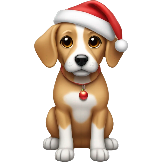 Small Tan dog with floppy ears in a Santa hat emoji